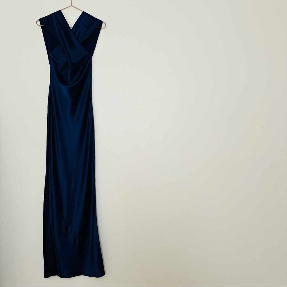 New Amanda Uprichard Jade Silk Dress Navy Maxi Halter Open Back - Picture 9 of 13
